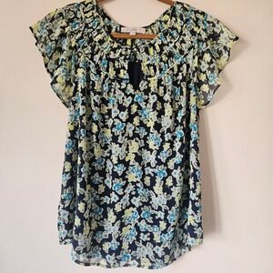 LOFT Floral Flutter Sleeve Blouse Womens Large Blue Green Pleated Neck Top